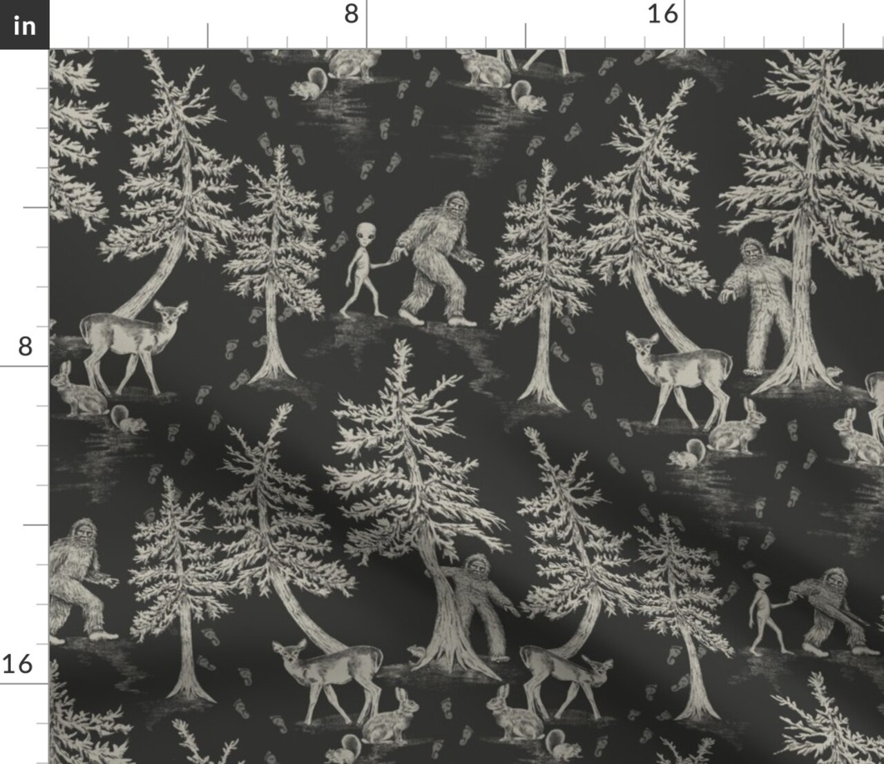 Sasquatch Cryptids Charcoal Gray Cryptozoology Aliens Custom Printed Fabric by Spoonflower Various Fabrics by the Yard or Fat Quarter